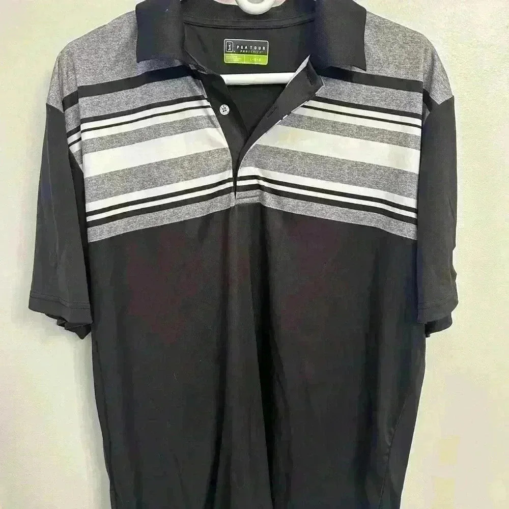 PGA Tour Dark Gray Striped Polo Shirt